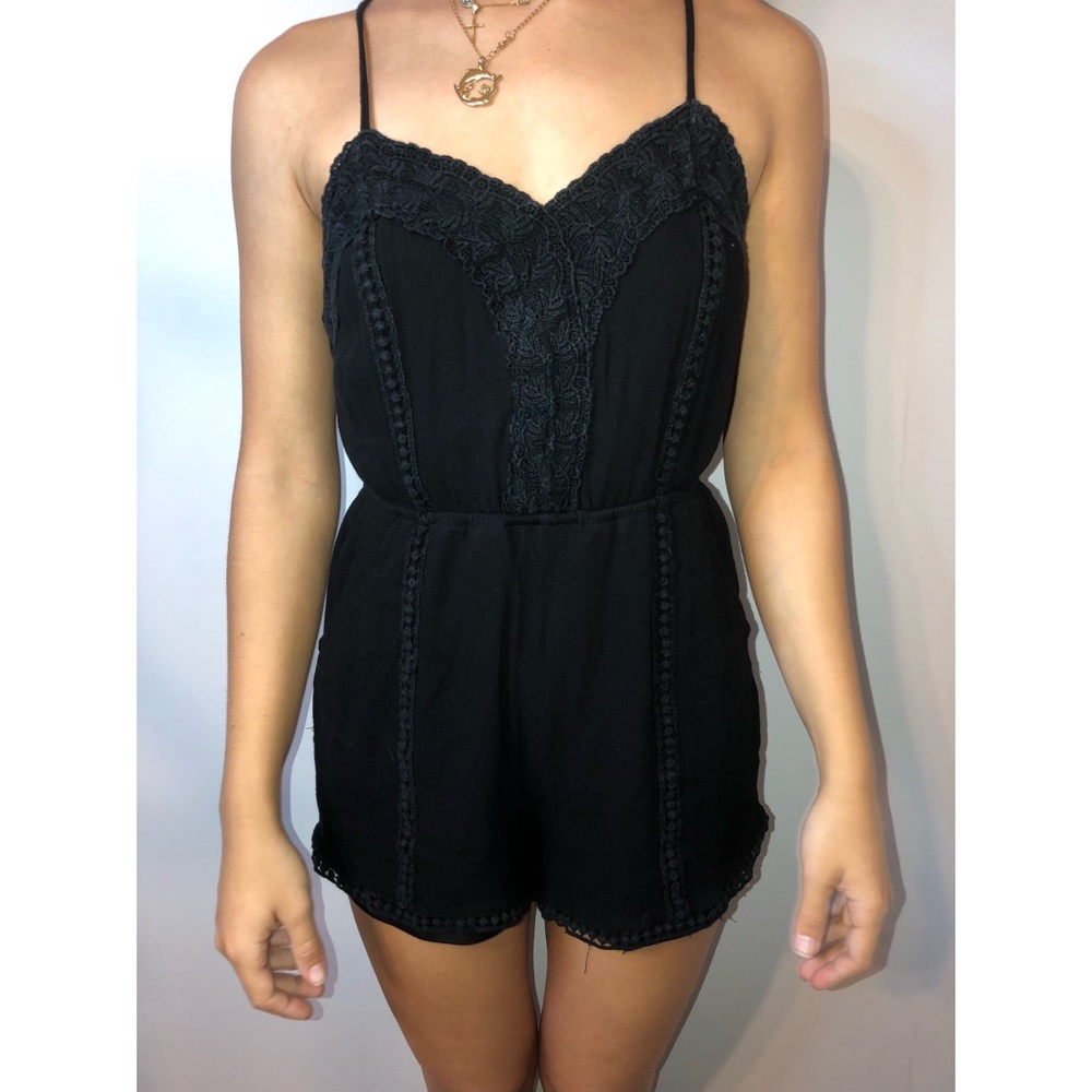 Black lace embellishment romper with string back